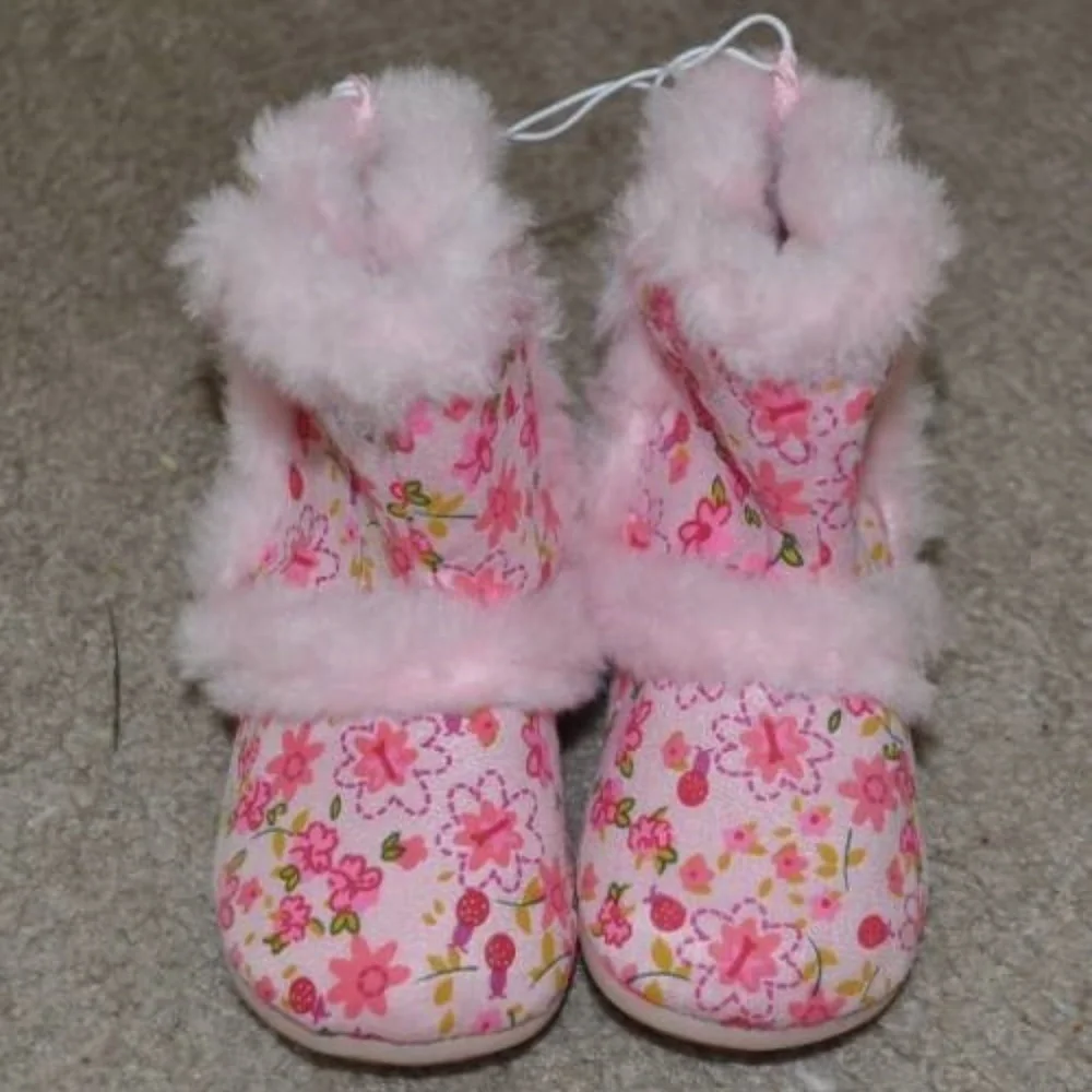 Girls Baby Booties Crib Shoes 4 Jumping Beans Pink Floral Faux Trim Velcro Side